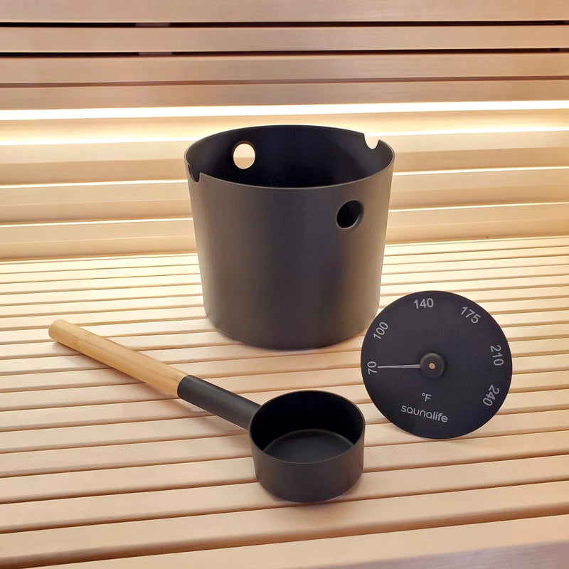 SaunaLife Accessory Package 6, Aluminum 1-Gallon Sauna Bucket Set with Wood Ladle and Thermometer