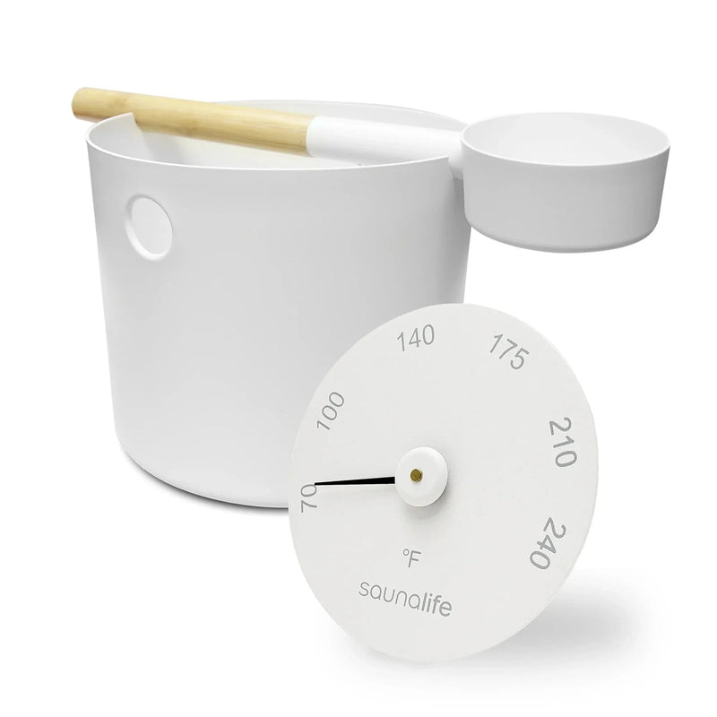 SaunaLife Accessory Package 6, Aluminum 1-Gallon Sauna Bucket Set with Wood Ladle and Thermometer