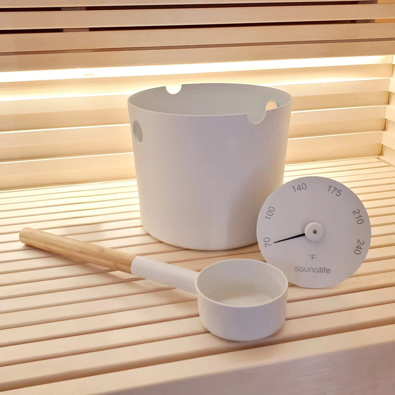 SaunaLife Accessory Package 6, Aluminum 1-Gallon Sauna Bucket Set with Wood Ladle and Thermometer